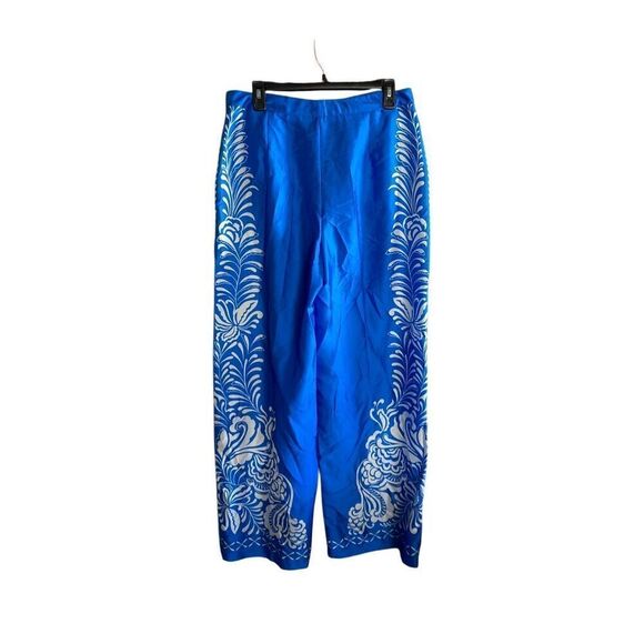 Zara women’s NWOT satin effect printed wide leg high waisted blue pants as/L - Picture 5 of 9